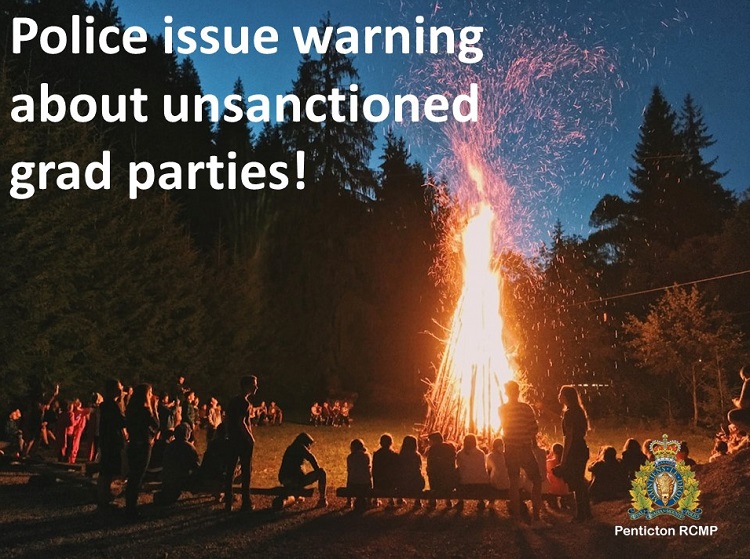 Photo of a bon fire with youth sitting around it. Text over the image reads; police issue warning about unsanctioned grad parties