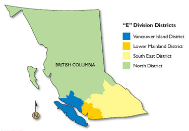 Map of E Division depicting the policing boundaries for Island District, Lower Mainland District, Southeast District and North District