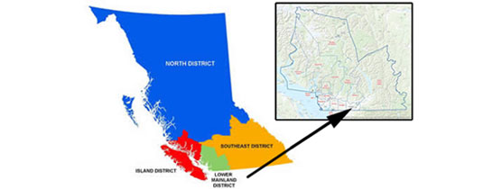 Map of Lower Mainland District with detachment boundaries marked in yellow