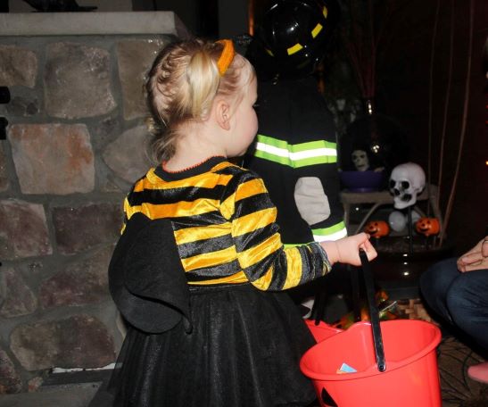 Blond toddler dressed as a bumble bee trick or treating on a decorated porch