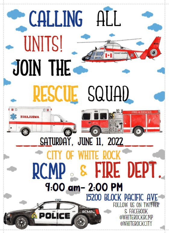 Cartoon poster with helicopter, ambulance, fire truck and police car, details of police fire open house.