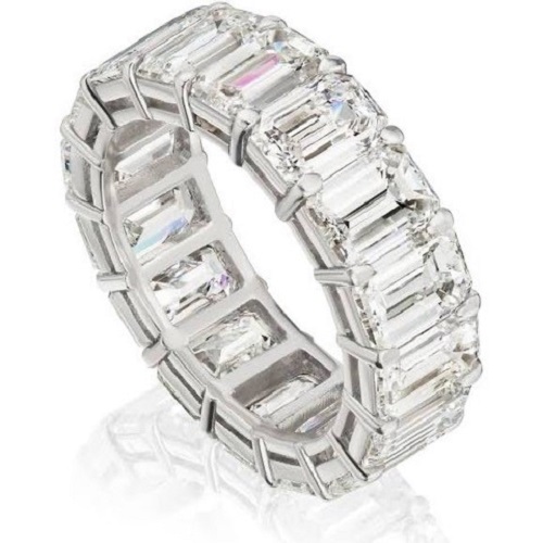 custom designed platinum eternity ring with 19 hand matched emerald cut diamonds