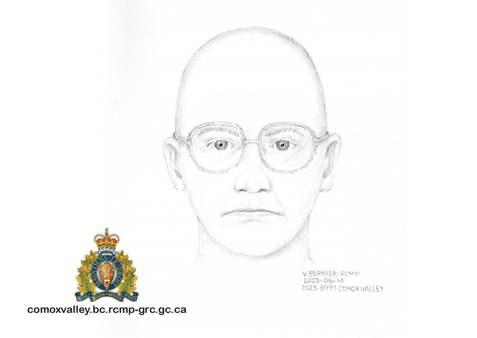 black and white sketch of suspect. He appears to be Caucasian with a large mouth, bald and wearing glasses.