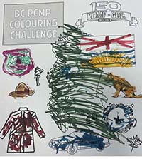 BC RCMP colouring challenge - sheet of RCMP policing items and shape of the Province of British Columbia