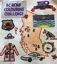 BC RCMP colouring challenge - sheet of RCMP policing items and shape of the Province of British Columbia