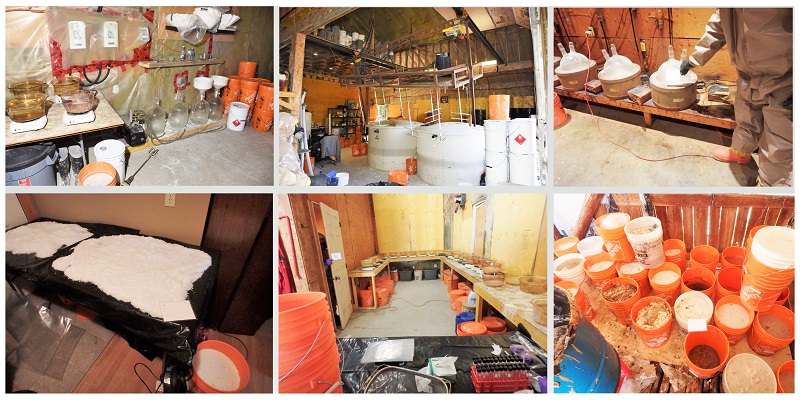 A collage of 6 pictures containing images of the illicit drug lab that include powder-form chemicals and drugs, numerous buckets containing chemicals and drugs, laboratory equipment, beakers, heating plates, large chemical containers, and other drug paraphernalia, all inside a large storage facility
